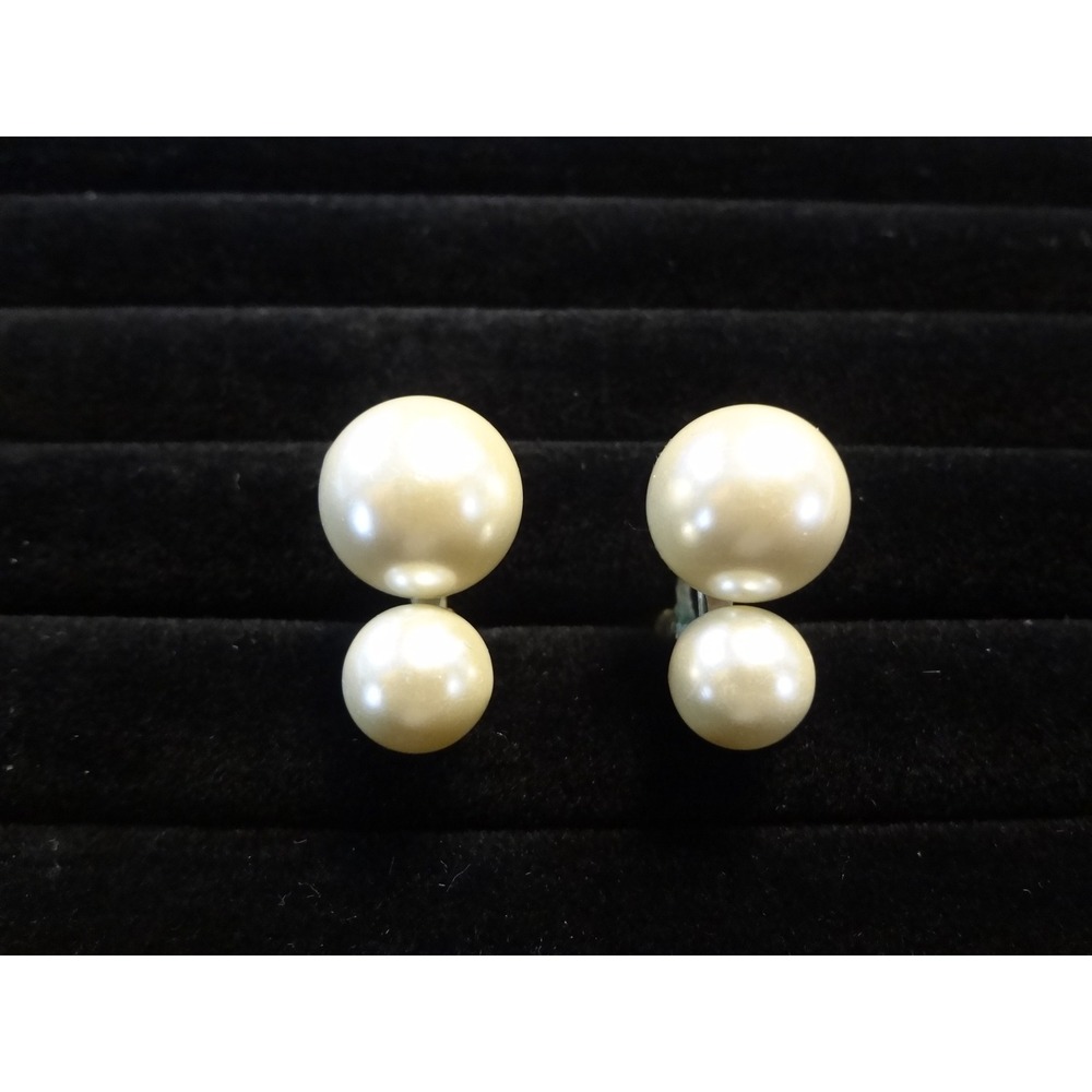 Double Faux Pearl Drop Clip On Earrings Cream Excellent